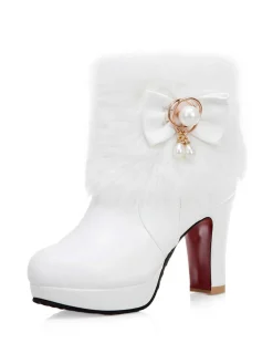 Discount Retro Stage Fur Bow Pointed High Heels Boots