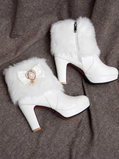 Discount Retro Stage Fur Bow Pointed High Heels Boots