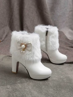 Discount Retro Stage Fur Bow Pointed High Heels Boots