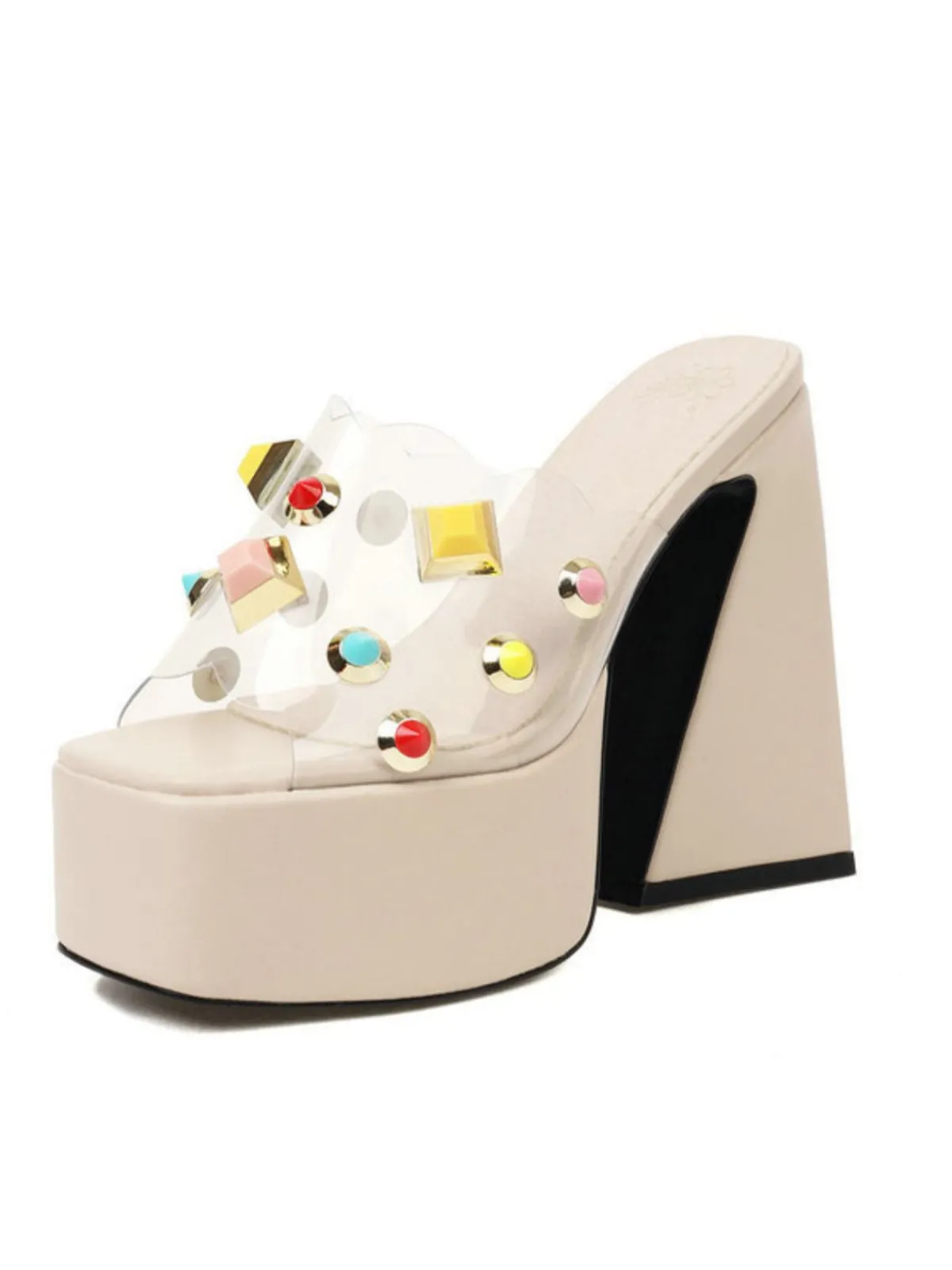 Sale Retro Stage Gem Studded Transparent Chunky Heel Shoes