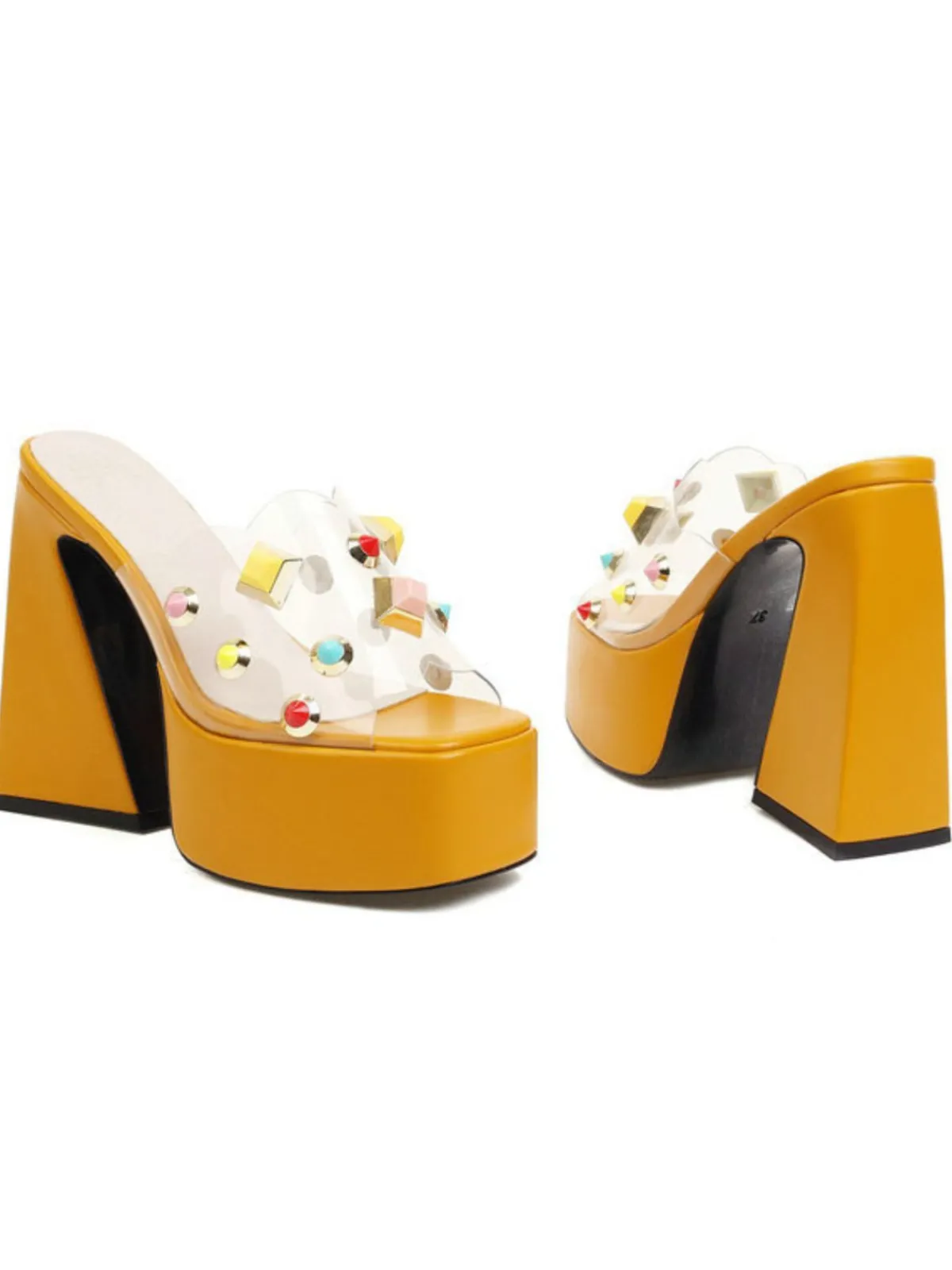 Sale Retro Stage Gem Studded Transparent Chunky Heel Shoes