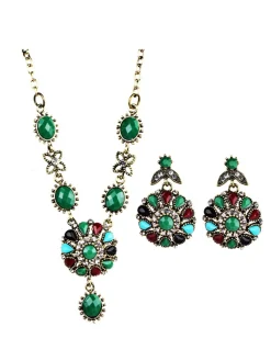 Discount Retro Stage Gemstone Diamond Antique Round Necklace & Earrings