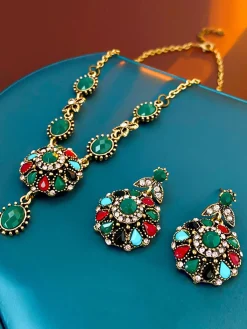 Discount Retro Stage Gemstone Diamond Antique Round Necklace & Earrings