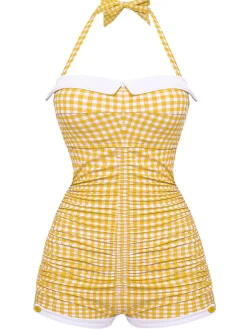 Sale Retro Stage Gingham Halter Bowknot One-piece Swimsuit