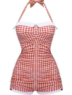 Sale Retro Stage Gingham Halter Bowknot One-piece Swimsuit