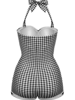Online Retro Stage Gingham 1950s Halter Bowknot One-piece Swimsuit