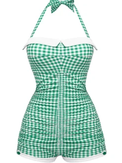 Discount Retro Stage Gingham 1950s Halter Bowknot One-piece Swimsuit