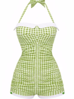 Clearance Retro Stage Gingham 1950s Halter Bowknot One-piece Swimsuit