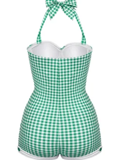 Clearance Retro Stage Gingham 1950s Halter Bowknot One-piece Swimsuit