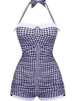 Sale Retro Stage Gingham 1950s Halter Bowknot One-piece Swimsuit