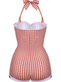Sale Retro Stage Gingham 1950s Halter Bowknot One-piece Swimsuit