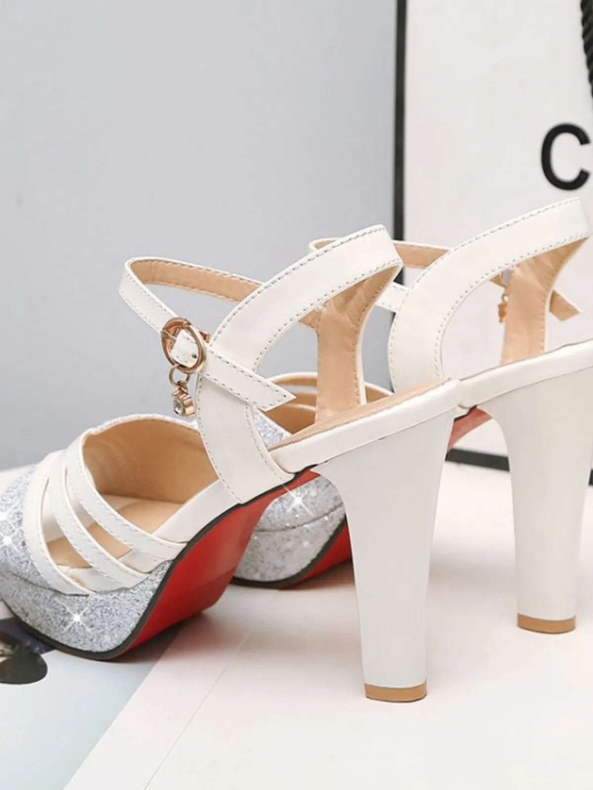 Clearance Retro Stage Glitter PU Leather High Heel Sandals