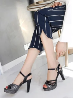 Clearance Retro Stage Glitter PU Leather High Heel Sandals