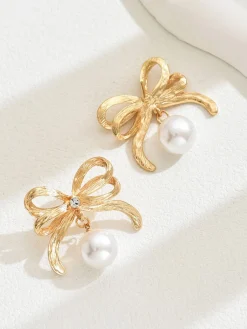 Clearance Retro Stage Gold Bowknot Pearl Alloy Drop Earrings