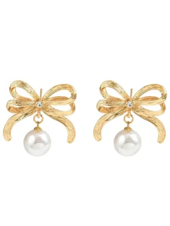 Clearance Retro Stage Gold Bowknot Pearl Alloy Drop Earrings