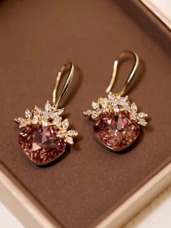 Clearance Retro Stage Gold Oval Rhinestones Flower Earrings