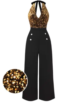 New Retro Stage Gold 1930s Halter Neck Sequined Jumpsuit