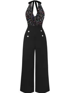 New Retro Stage Gold 1930s Halter Neck Sequined Jumpsuit