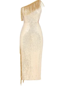 Clearance Retro Stage 1920s One Shoulder Sequined Tassel Dress Gold