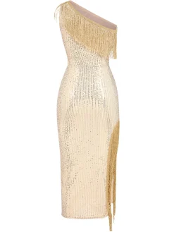 Clearance Retro Stage 1920s One Shoulder Sequined Tassel Dress Gold