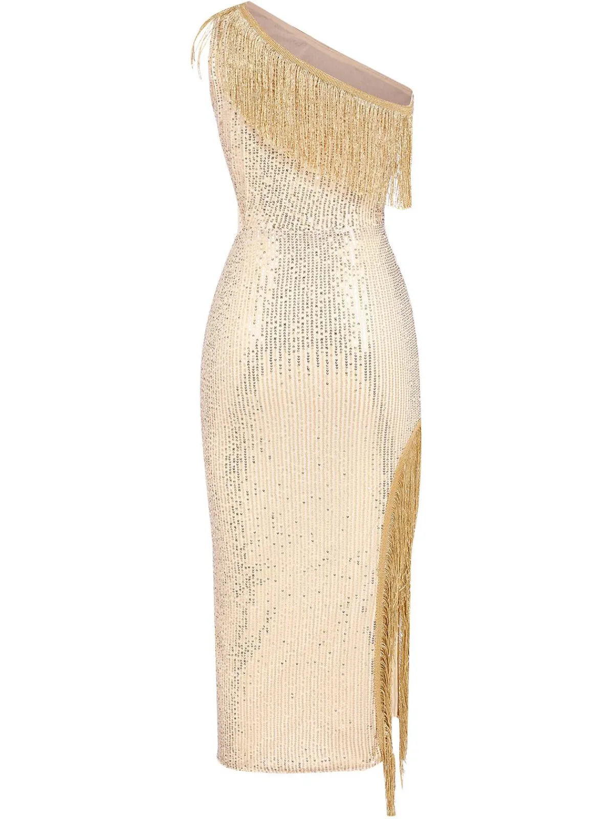 Clearance Retro Stage 1920s One Shoulder Sequined Tassel Dress Gold