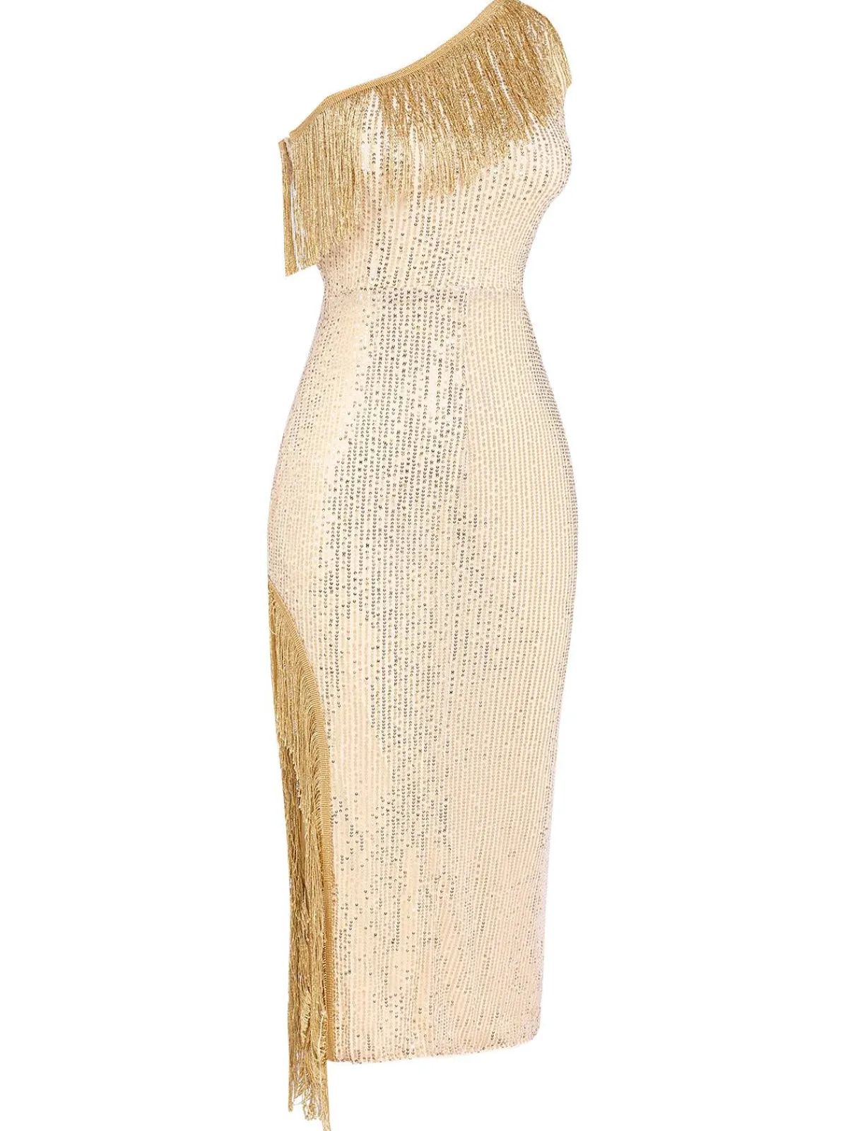 Clearance Retro Stage 1920s One Shoulder Sequined Tassel Dress Gold