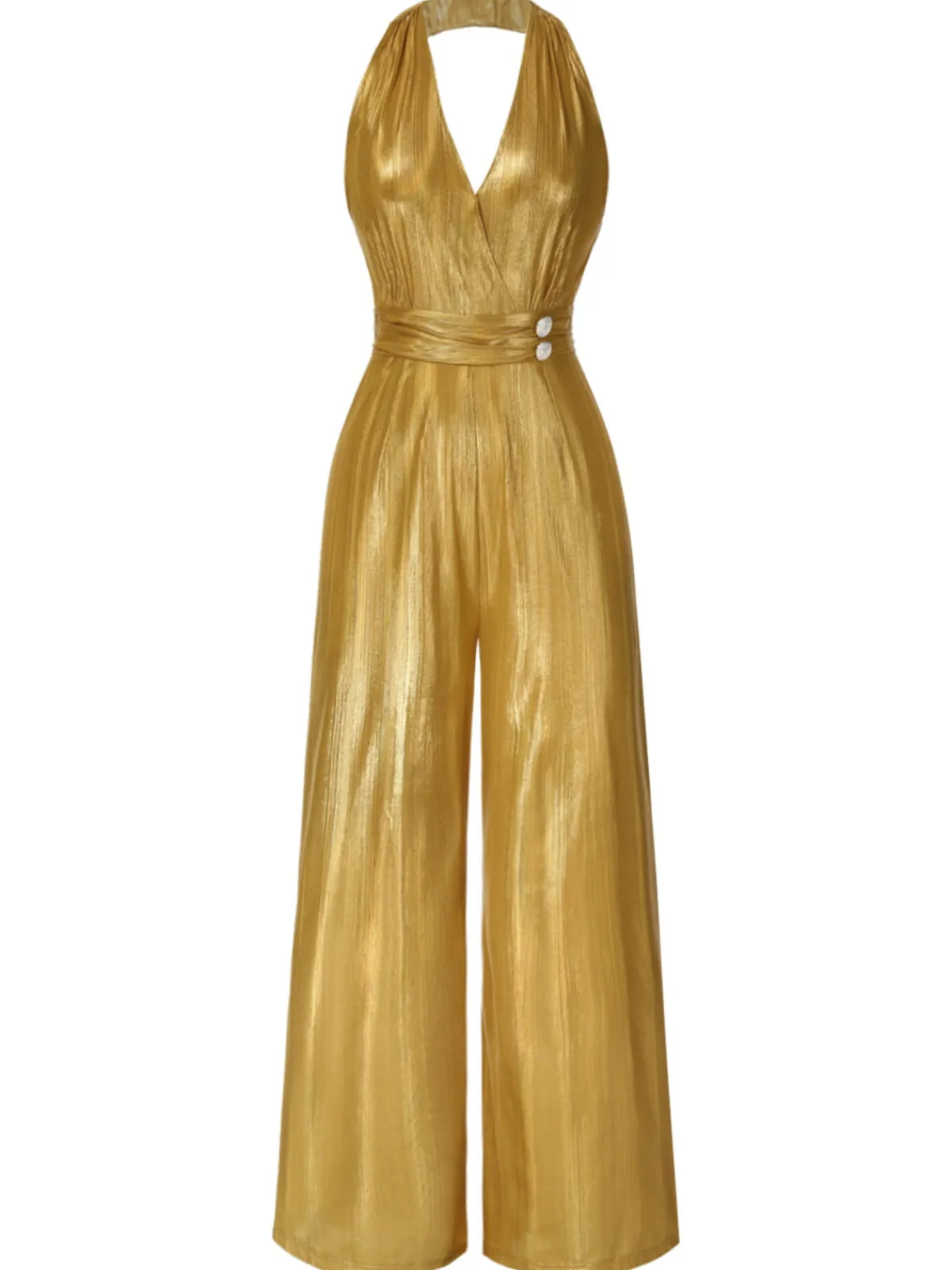 Fashion Retro Stage 1970s Solid V-Neck Halter Jumpsuit Gold