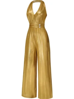Fashion Retro Stage 1970s Solid V-Neck Halter Jumpsuit Gold