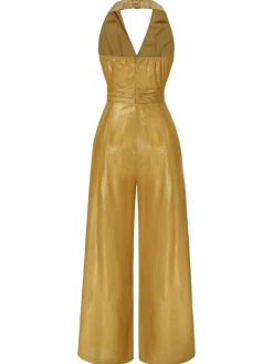 Fashion Retro Stage 1970s Solid V-Neck Halter Jumpsuit Gold