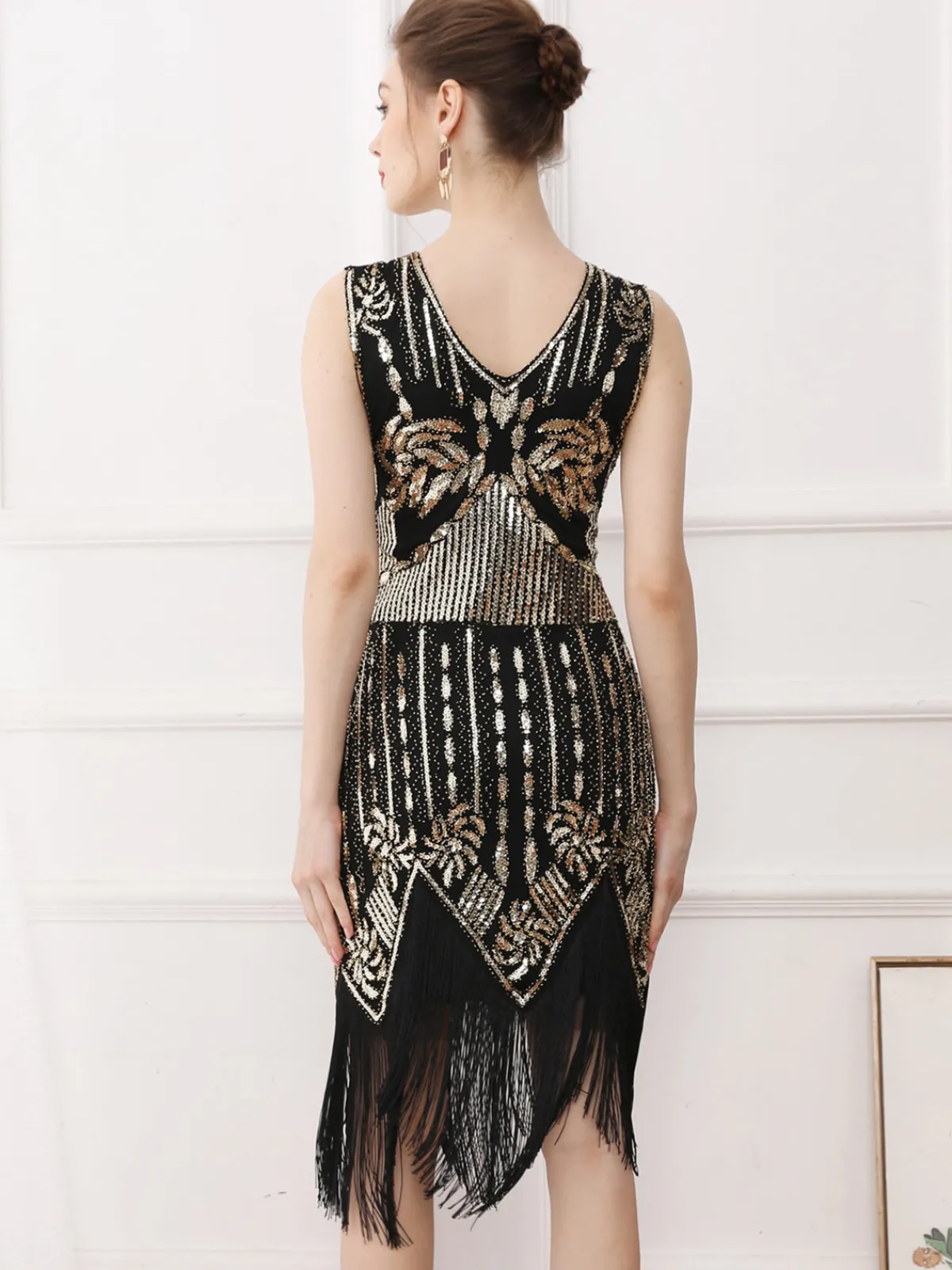 Clearance Retro Stage 1920s Tassel Sequined Sleeveless Gatsby Dress Gold