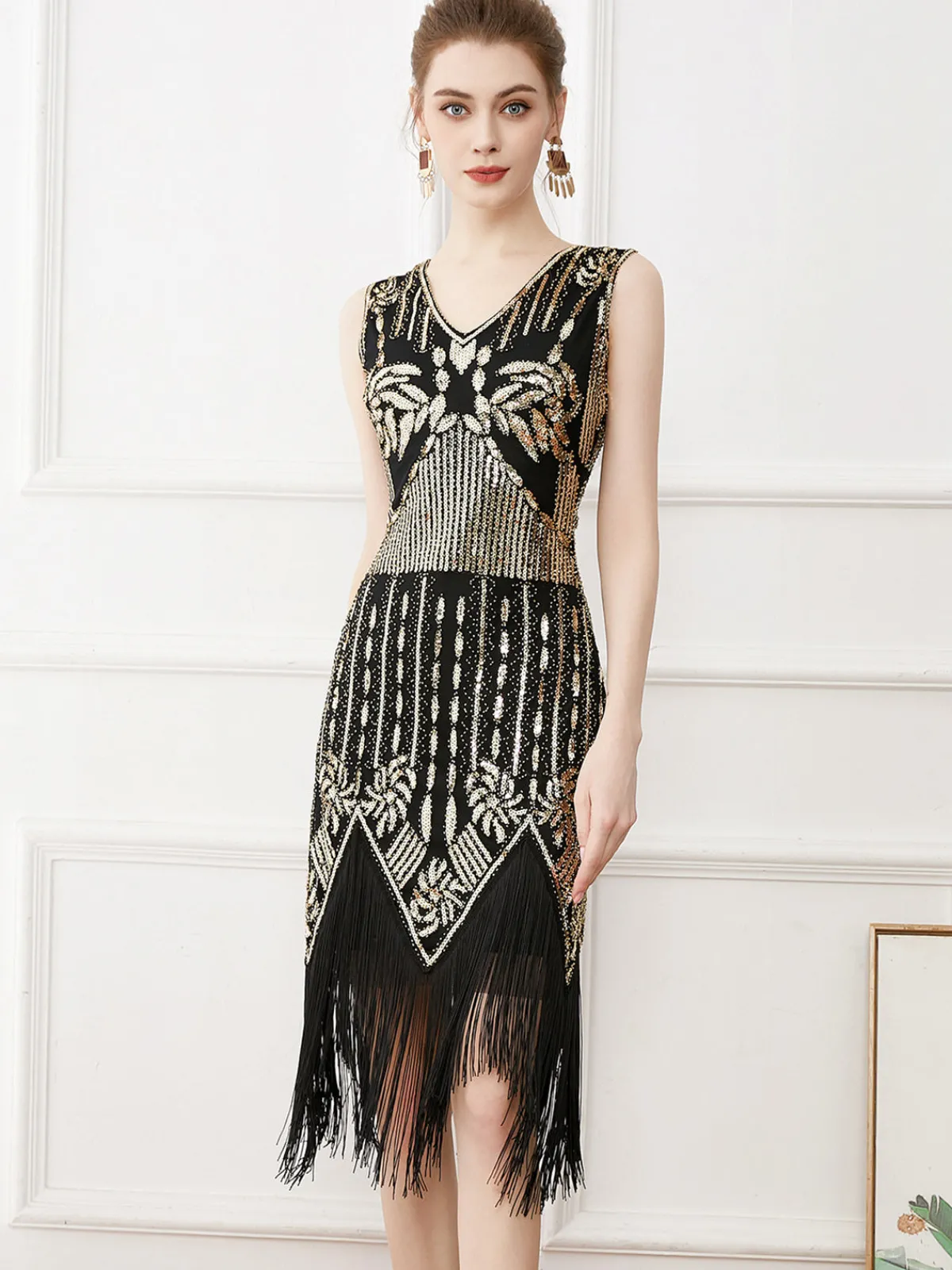 Clearance Retro Stage 1920s Tassel Sequined Sleeveless Gatsby Dress Gold