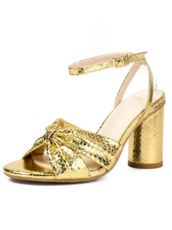 Sale Retro Stage Gold Snakeskin Print Round Toe Heels