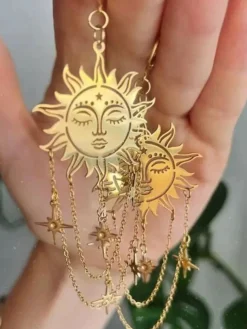 Outlet Retro Stage Gold Vintage Sun Face Chain Tarot Earrings