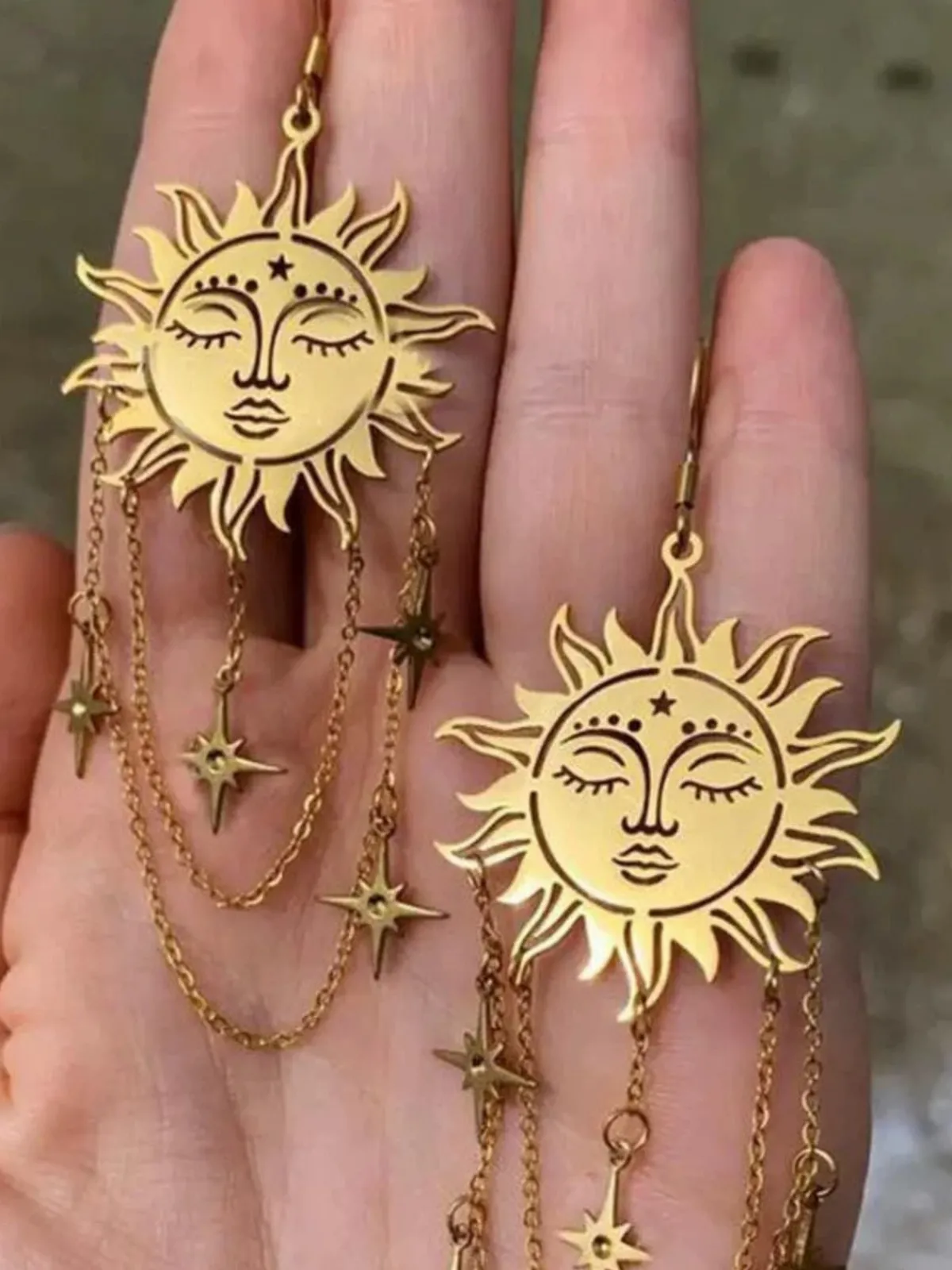 Outlet Retro Stage Gold Vintage Sun Face Chain Tarot Earrings