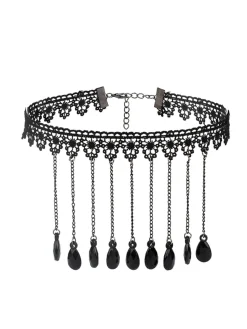 Discount Retro Stage Gothic 3D Rose & Embroidered Lace Choker Necklace