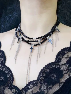 Fashion Retro Stage Gothic Fringe Cross Charms Layered Bead Necklace