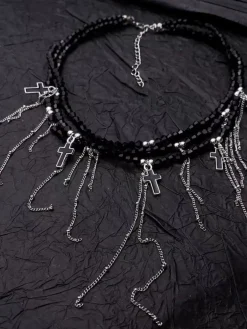 Fashion Retro Stage Gothic Fringe Cross Charms Layered Bead Necklace