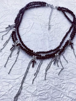 Fashion Retro Stage Gothic Fringe Cross Charms Layered Bead Necklace