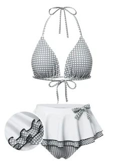 Online Retro Stage 1940s Gingham Plaid Bow Halter Swimsuit Gray & White