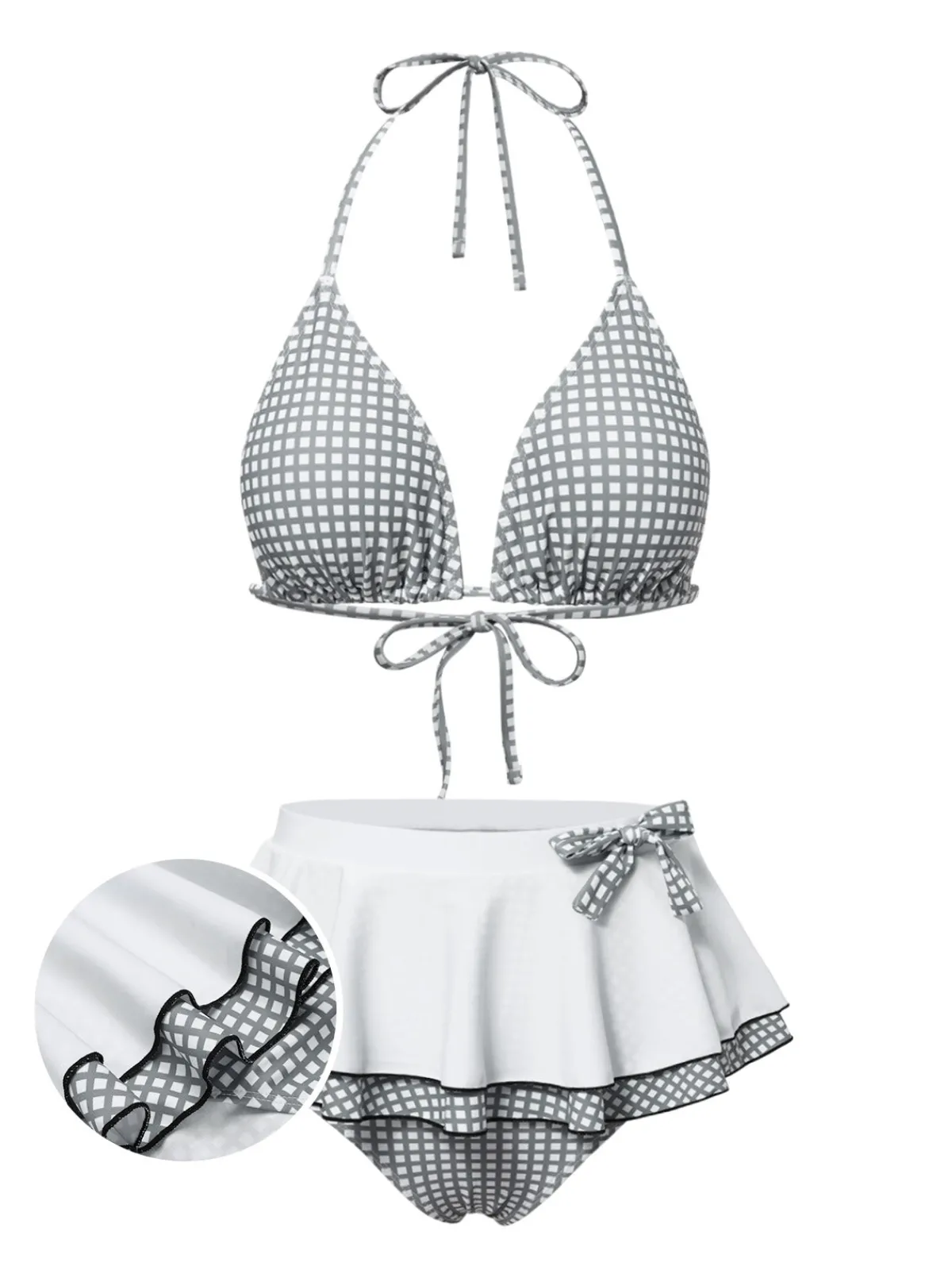 Online Retro Stage 1940s Gingham Plaid Bow Halter Swimsuit Gray & White