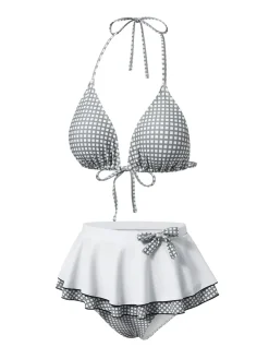 Online Retro Stage 1940s Gingham Plaid Bow Halter Swimsuit Gray & White