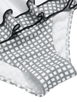 Online Retro Stage 1940s Gingham Plaid Bow Halter Swimsuit Gray & White
