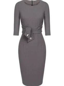 Best Retro Stage 1960s Belt Solid Pencil Dress Gray