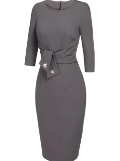 Best Retro Stage 1960s Belt Solid Pencil Dress Gray