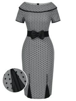 Hot Retro Stage 1960s Boat Neck Polka Dots Pencil Dress Gray