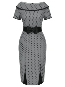 Hot Retro Stage 1960s Boat Neck Polka Dots Pencil Dress Gray