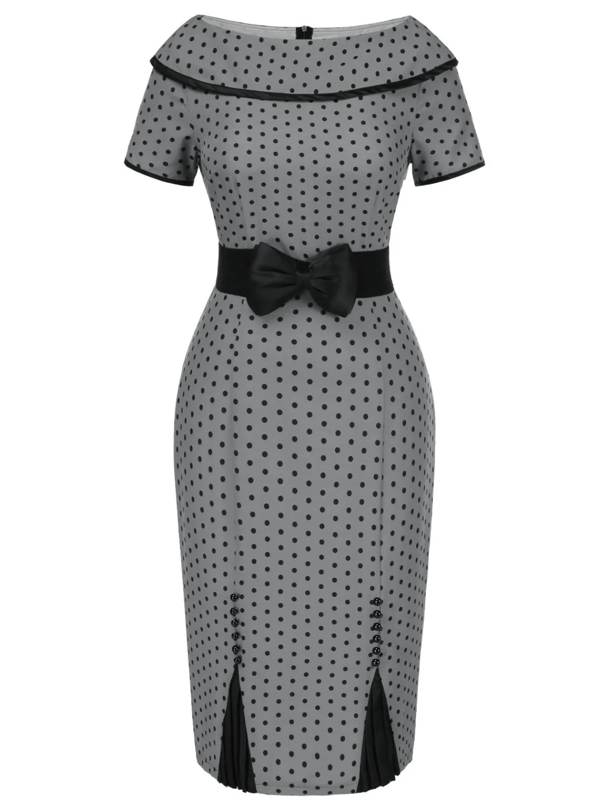Hot Retro Stage 1960s Boat Neck Polka Dots Pencil Dress Gray