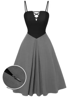Hot Retro Stage Gray 1940s Colorblock Pleated Suspender Dress Dark Gray