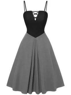 Hot Retro Stage Gray 1940s Colorblock Pleated Suspender Dress Dark Gray