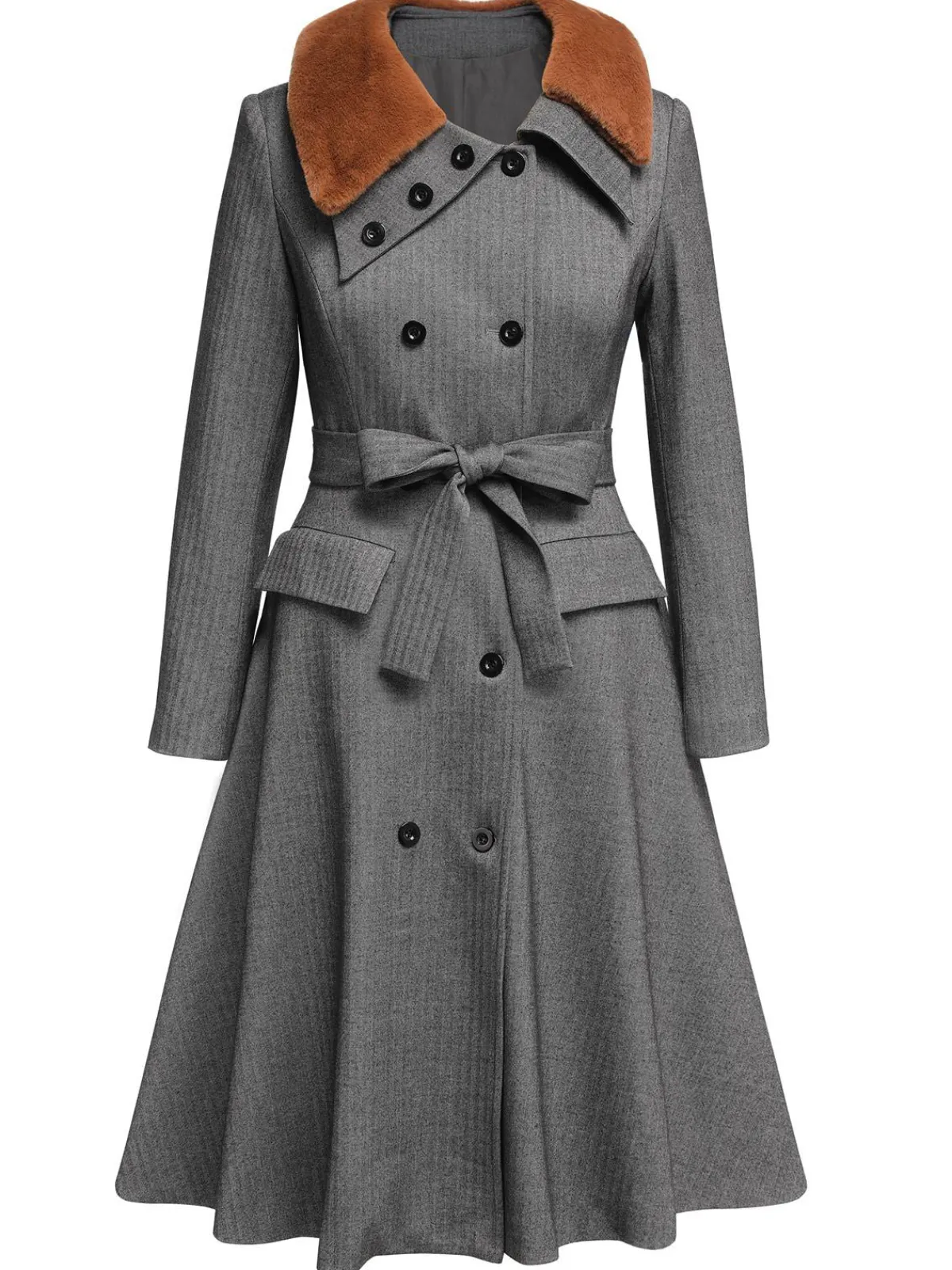 Sale Retro Stage 1930s Faux Fur Lapel Collar Coat Gray
